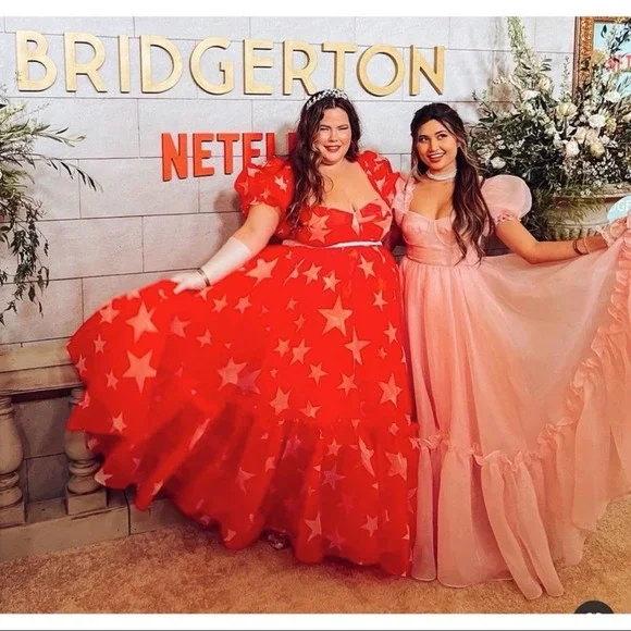 NWT Selkie Red and White Star Ritz Puff Sleeve Organza Maxi Gown Size Small - Picture 2 of 13